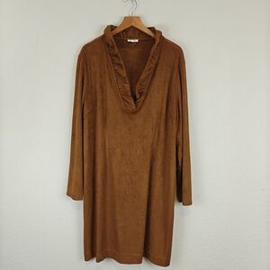Tyler Boe Constance V-neck Long Sleeve Brown Faux Suede Shift Dress Size LG